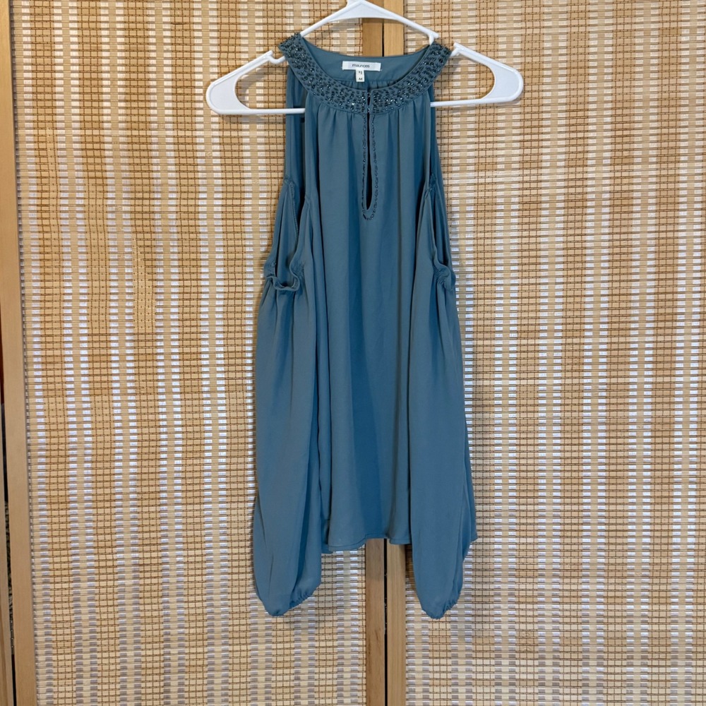Maurices Womens Blue Cold Shoulder Beaded Halter Neck Keyhole Blouse Size M
